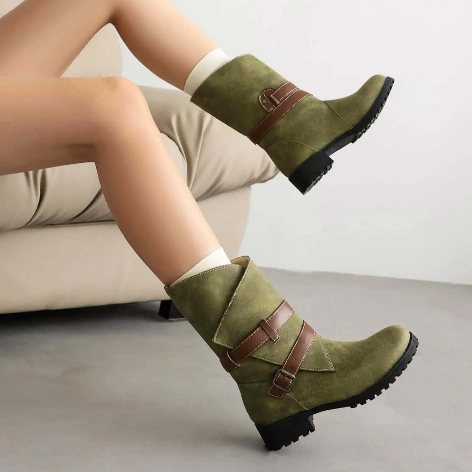 Crzidha Womens Riding Mid Calf Boots,Buckle Strap Wrap Mid Calf Boots Comfortable Low Heel Slouchy Loose Pull On Wide Calf Boots Casual Walking Outdoor Travel Combat Boots