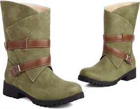 Crzidha Womens Riding Mid Calf Boots,Buckle Strap Wrap Mid Calf Boots Comfortable Low Heel Slouchy Loose Pull On Wide Calf Boots Casual Walking Outdoor Travel Combat Boots