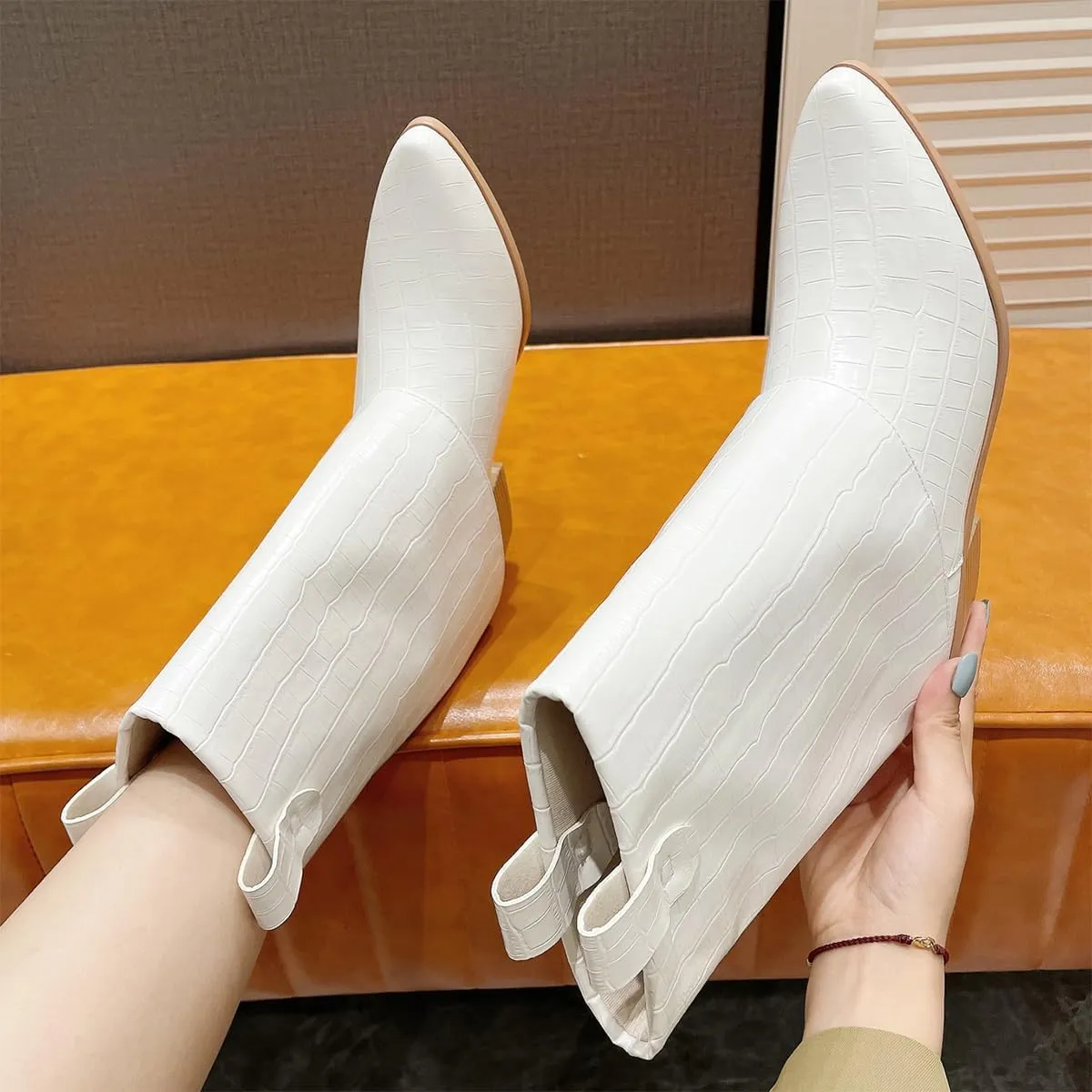 GATUXUS Women's Western Cowboy Mid Calf Boots Chunky Heel Pointed Toe Cowgirl Stone Pattern Fold Over Ankle Booties