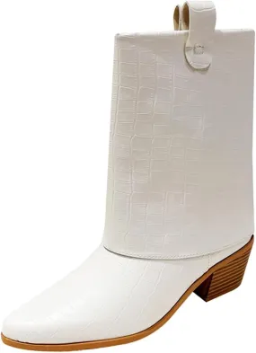 GATUXUS Women's Western Cowboy Mid Calf Boots Chunky Heel Pointed Toe Cowgirl Stone Pattern Fold Over Ankle Booties
