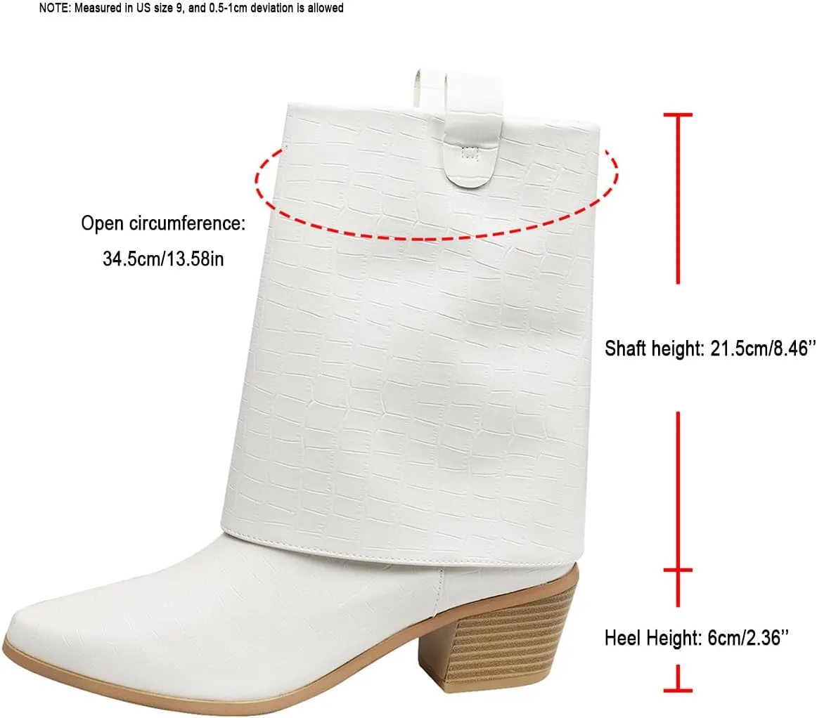 GATUXUS Women's Western Cowboy Mid Calf Boots Chunky Heel Pointed Toe Cowgirl Stone Pattern Fold Over Ankle Booties