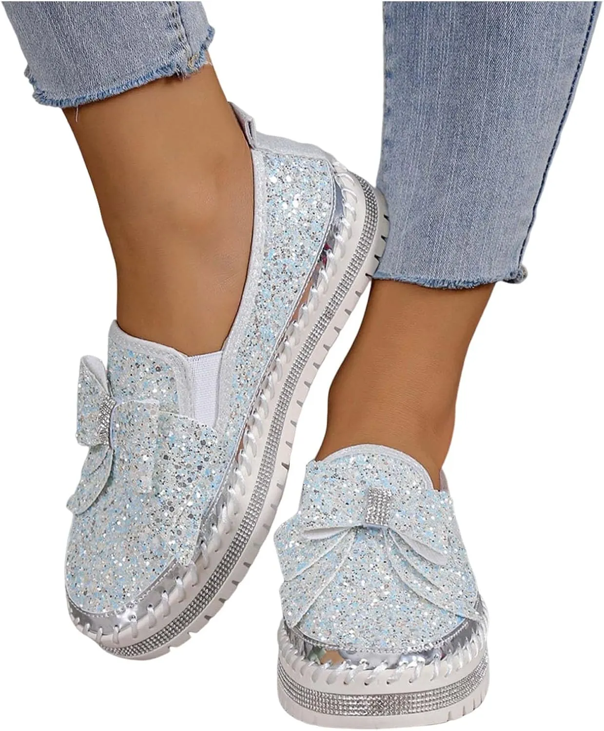 Glitter Sneakers for Women Women's Platform Rhinestones Glitter Sneaker Cute Bow Slip On Comfort Sneaker Loafer Casual Shoes