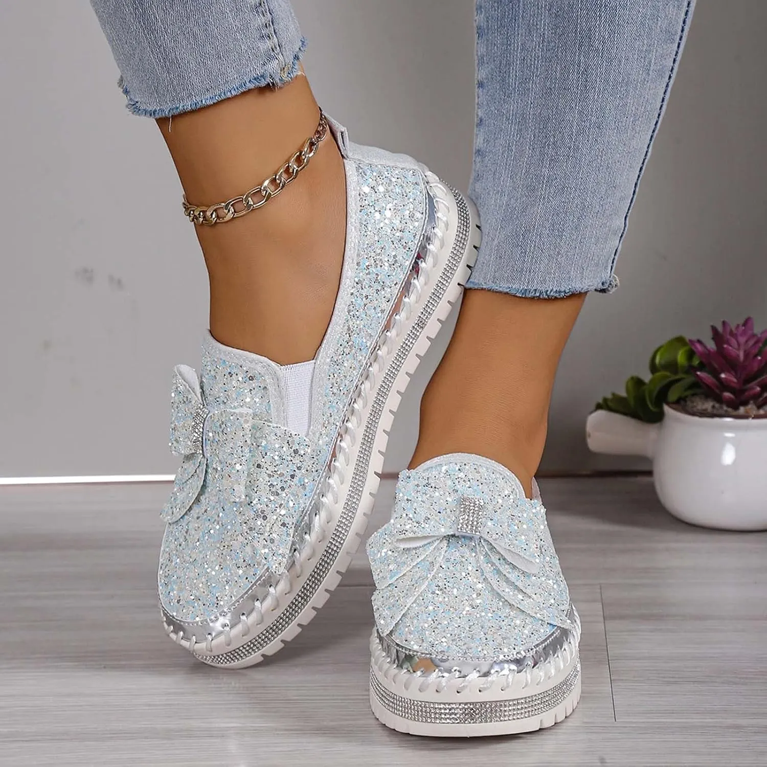 Glitter Sneakers for Women Women's Platform Rhinestones Glitter Sneaker Cute Bow Slip On Comfort Sneaker Loafer Casual Shoes