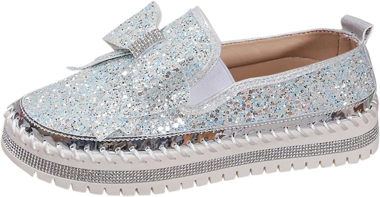 Glitter Sneakers for Women Women's Platform Rhinestones Glitter Sneaker Cute Bow Slip On Comfort Sneaker Loafer Casual Shoes
