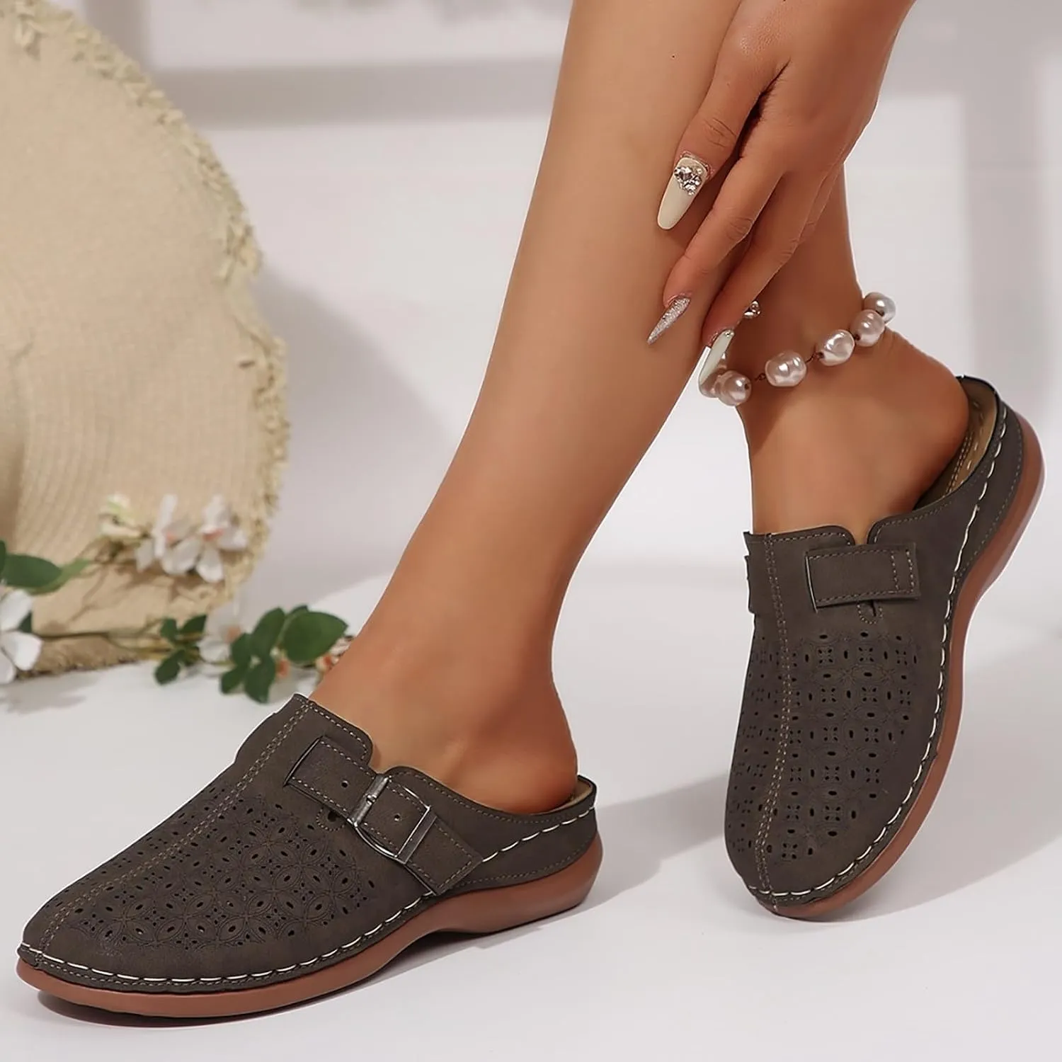 Kubbon Mules for Women Comfort Closed Toe Sandals Dressy Summer Closed Toe Mules Summer Slip on Wedge with Adjustable Hook Loop Arch Support Sandals