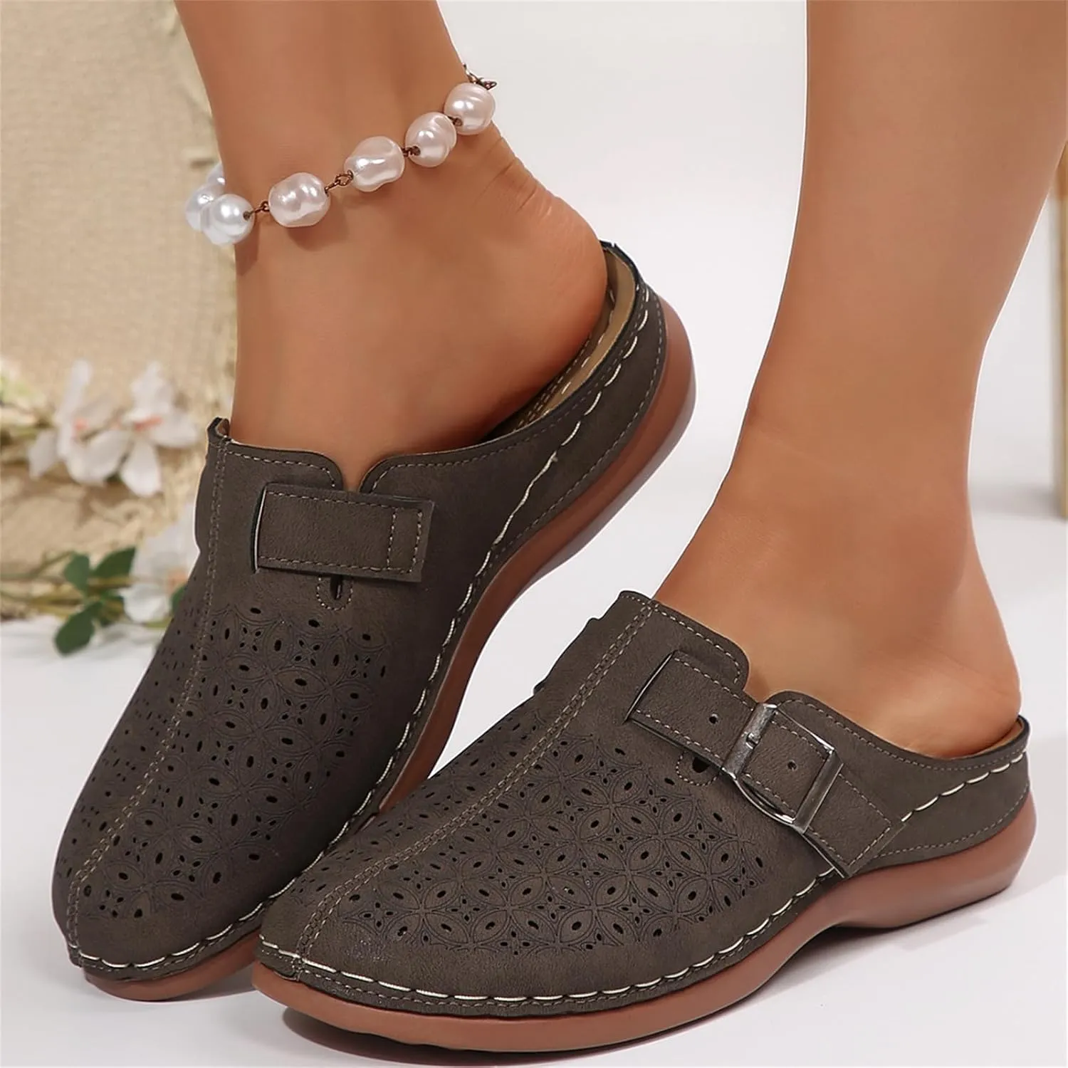 Kubbon Mules for Women Comfort Closed Toe Sandals Dressy Summer Closed Toe Mules Summer Slip on Wedge with Adjustable Hook Loop Arch Support Sandals