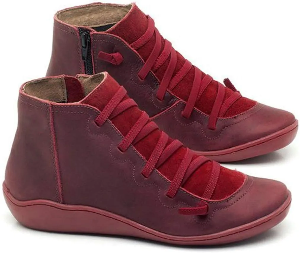 Leather Ankle Boots Comfortable Boots for Women Retro Round Toe Lace up Flat Short Boots No Heel Lightweight Comfy