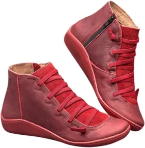 Leather Ankle Boots Comfortable Boots for Women Retro Round Toe Lace up Flat Short Boots No Heel Lightweight Comfy