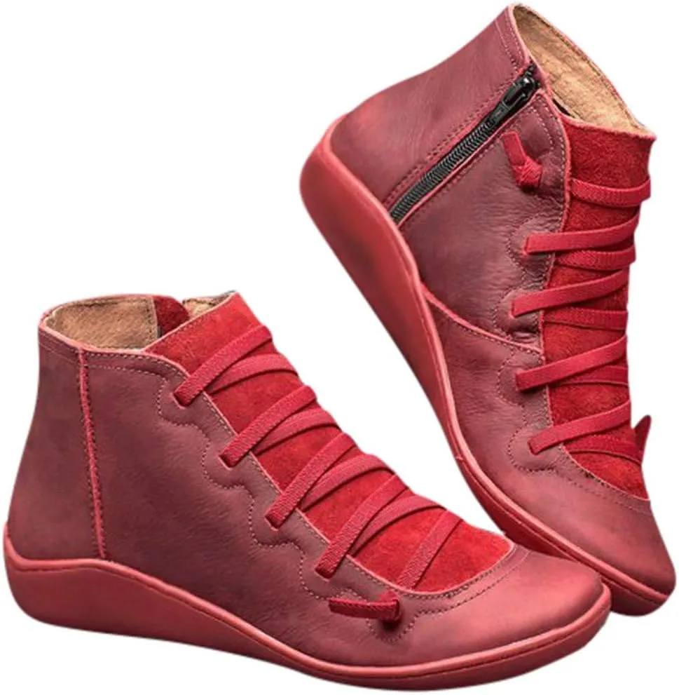 Leather Ankle Boots Comfortable Boots for Women Retro Round Toe Lace up Flat Short Boots No Heel Lightweight Comfy