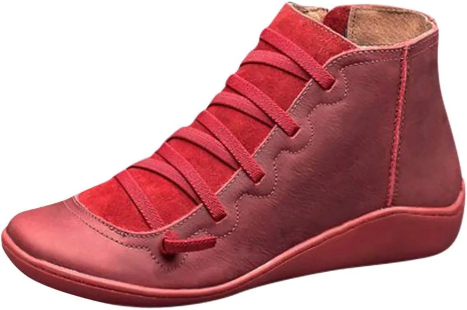 Leather Ankle Boots Comfortable Boots for Women Retro Round Toe Lace up Flat Short Boots No Heel Lightweight Comfy