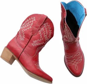 OMEARK Women's Cowboy Ankle Boots, Vintage Pointed Toe Leather Short Booties Winter Low Chunky Heel Western Mid Calf Boots Pull-On Snip Toe Embroidered Cowgirl Booties Shoes