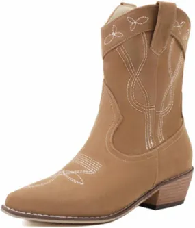 OMEARK Women's Cowboy Western Boots, Fashion Square Toe Faux PU Embroidered Wide Ankle-High Calf Boot, Winter Block Heel Ankle Chelsea Boots
