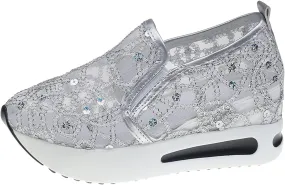 Platform Wedge Sneakers for Women Dressy Casual High Heel Loafers Floral Embroidery Tennis Shoes Breathable Walking Shoe Comfortable Sheer Mesh Slip on Shoe Chunky Sole Sneaker with Arch Support