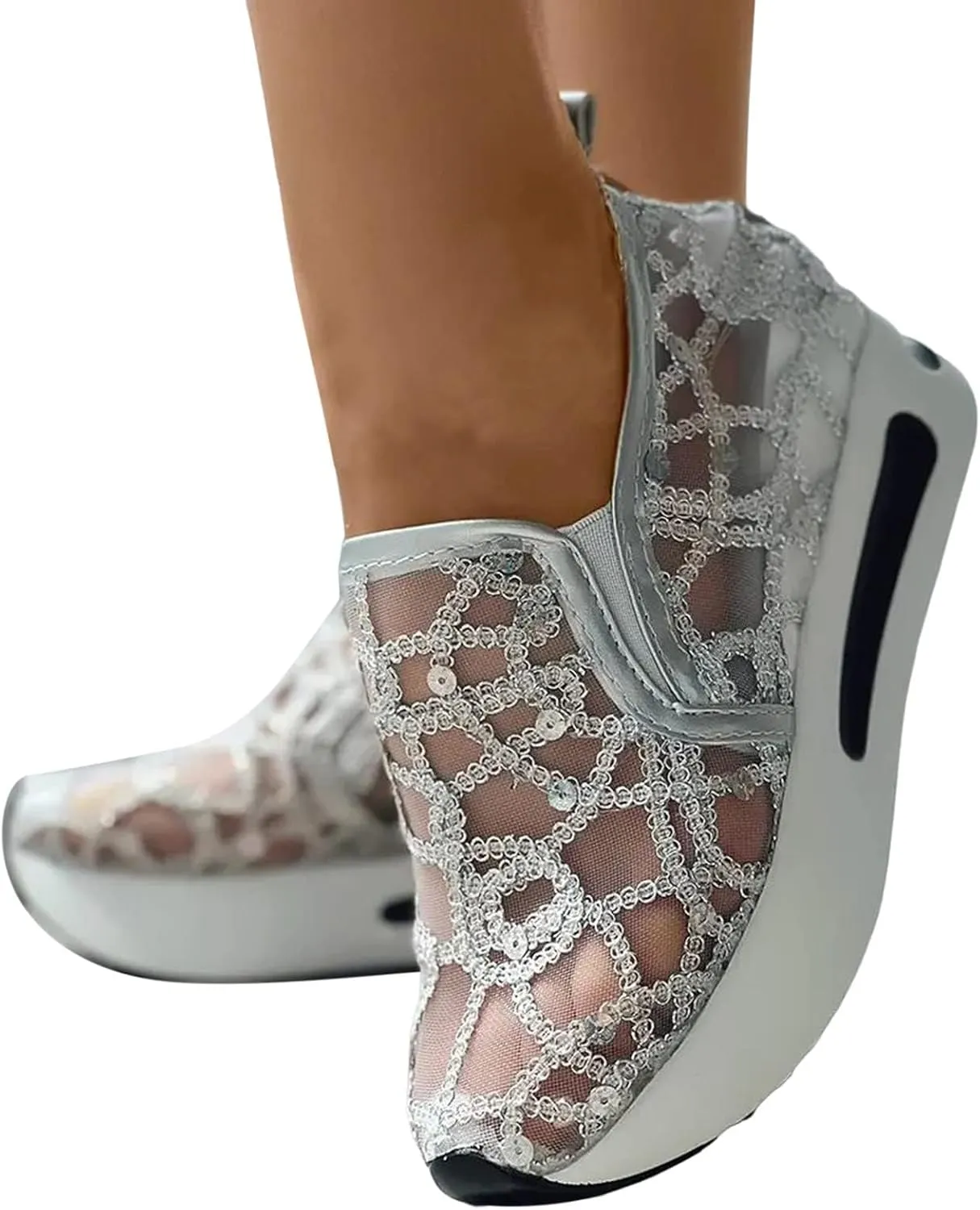 Platform Wedge Sneakers for Women Dressy Casual High Heel Loafers Floral Embroidery Tennis Shoes Breathable Walking Shoe Comfortable Sheer Mesh Slip on Shoe Chunky Sole Sneaker with Arch Support