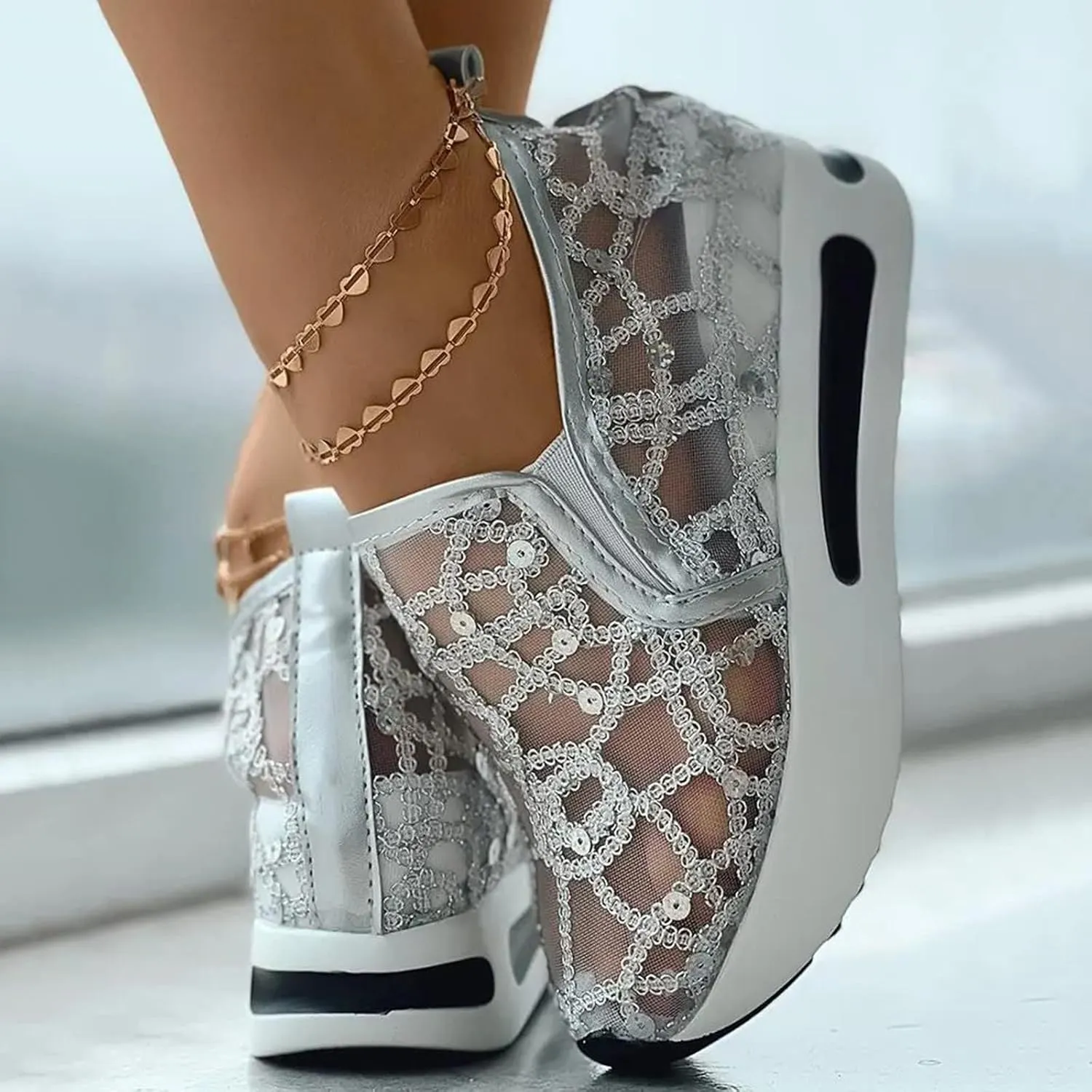 Platform Wedge Sneakers for Women Dressy Casual High Heel Loafers Floral Embroidery Tennis Shoes Breathable Walking Shoe Comfortable Sheer Mesh Slip on Shoe Chunky Sole Sneaker with Arch Support