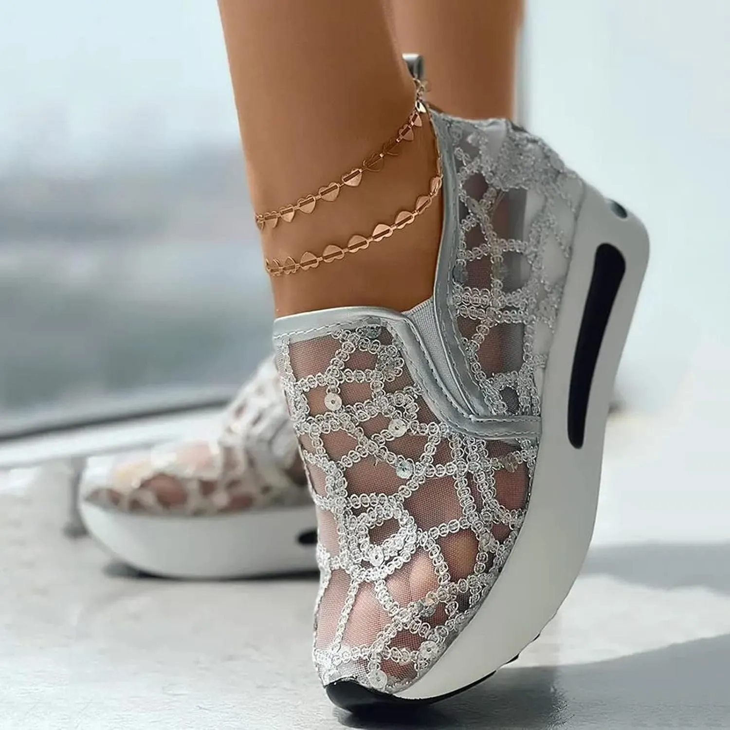 Platform Wedge Sneakers for Women Dressy Casual High Heel Loafers Floral Embroidery Tennis Shoes Breathable Walking Shoe Comfortable Sheer Mesh Slip on Shoe Chunky Sole Sneaker with Arch Support