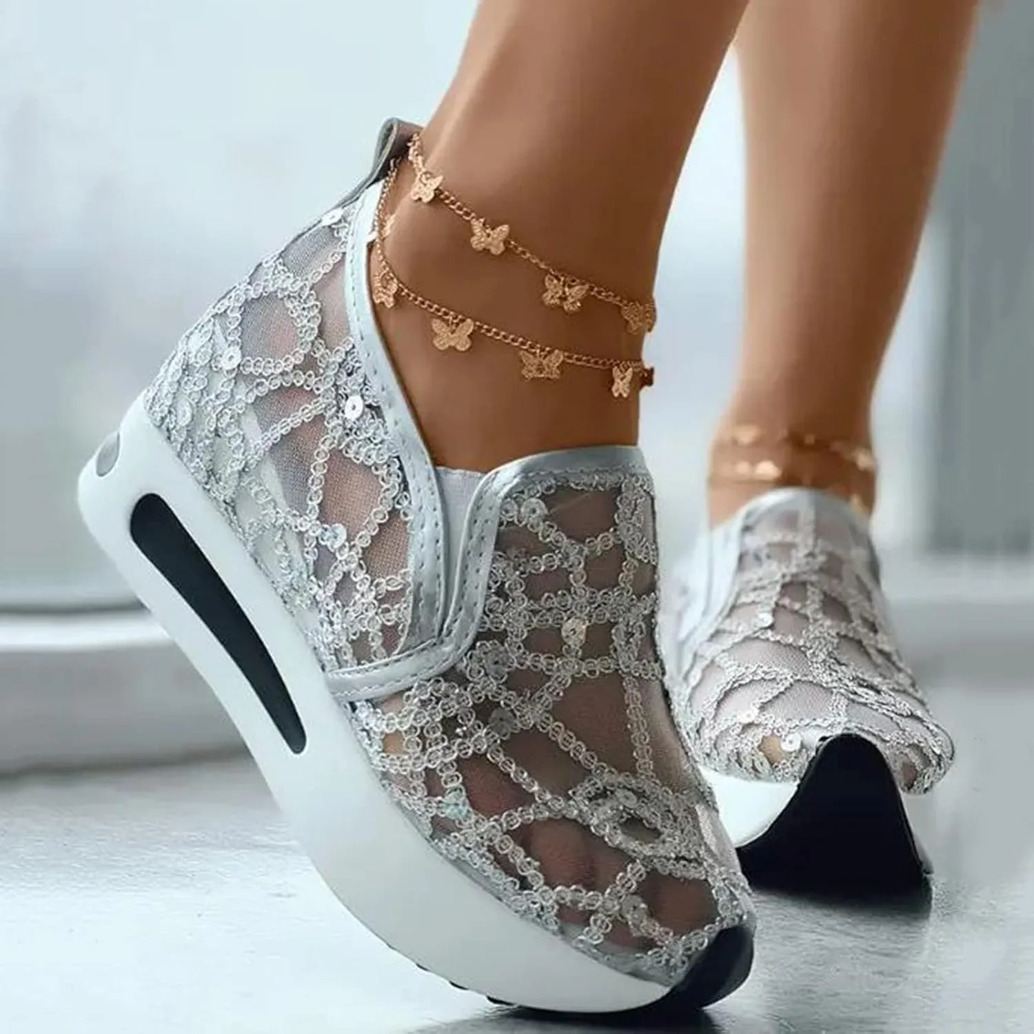 Platform Wedge Sneakers for Women Dressy Casual High Heel Loafers Floral Embroidery Tennis Shoes Breathable Walking Shoe Comfortable Sheer Mesh Slip on Shoe Chunky Sole Sneaker with Arch Support