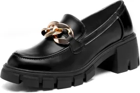 STUNAHOME Women's Platform Loafers with Chain Fashion Round Toe Slip On Chunky Heel Lug Sole Loafers Shoes Penny Casual Business Shoes